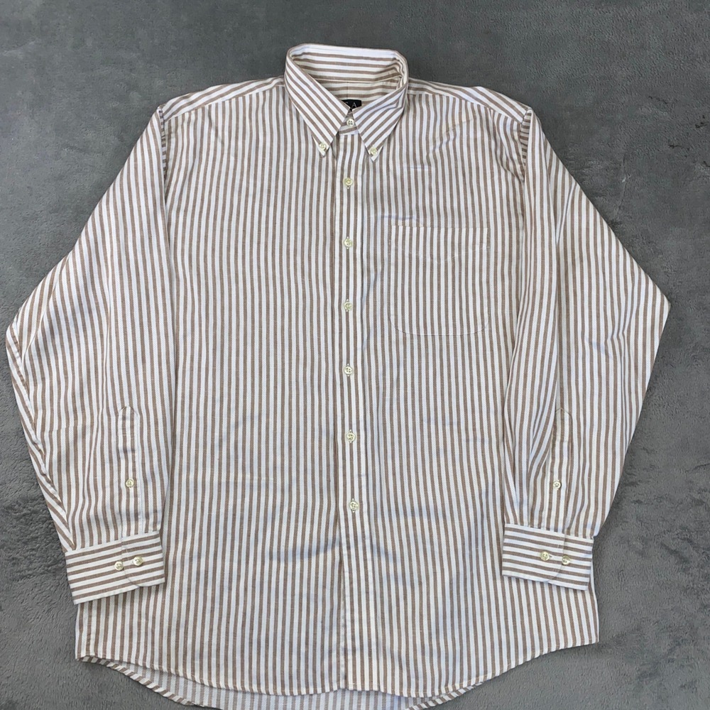 Jos A Bank Button Down Men L Tan Striped Travelers Collection 100% Linen Coastal